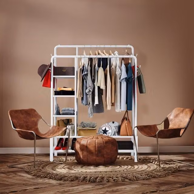 Klass Home Collection Heavy Duty Double Clothes Rail with Shoe Racks and Storage Shelves in White