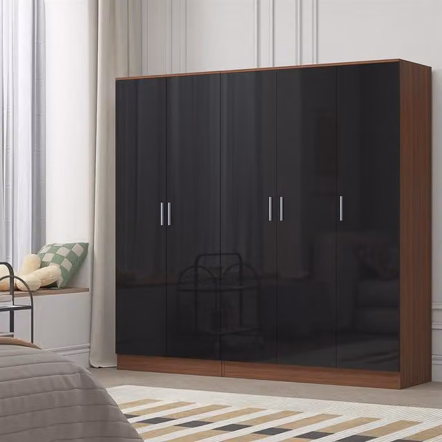 REFLECT Gloss Wardrobe Bundle with 3-Door and 2-Door Plain Designs in Black Gloss and Matt Walnut