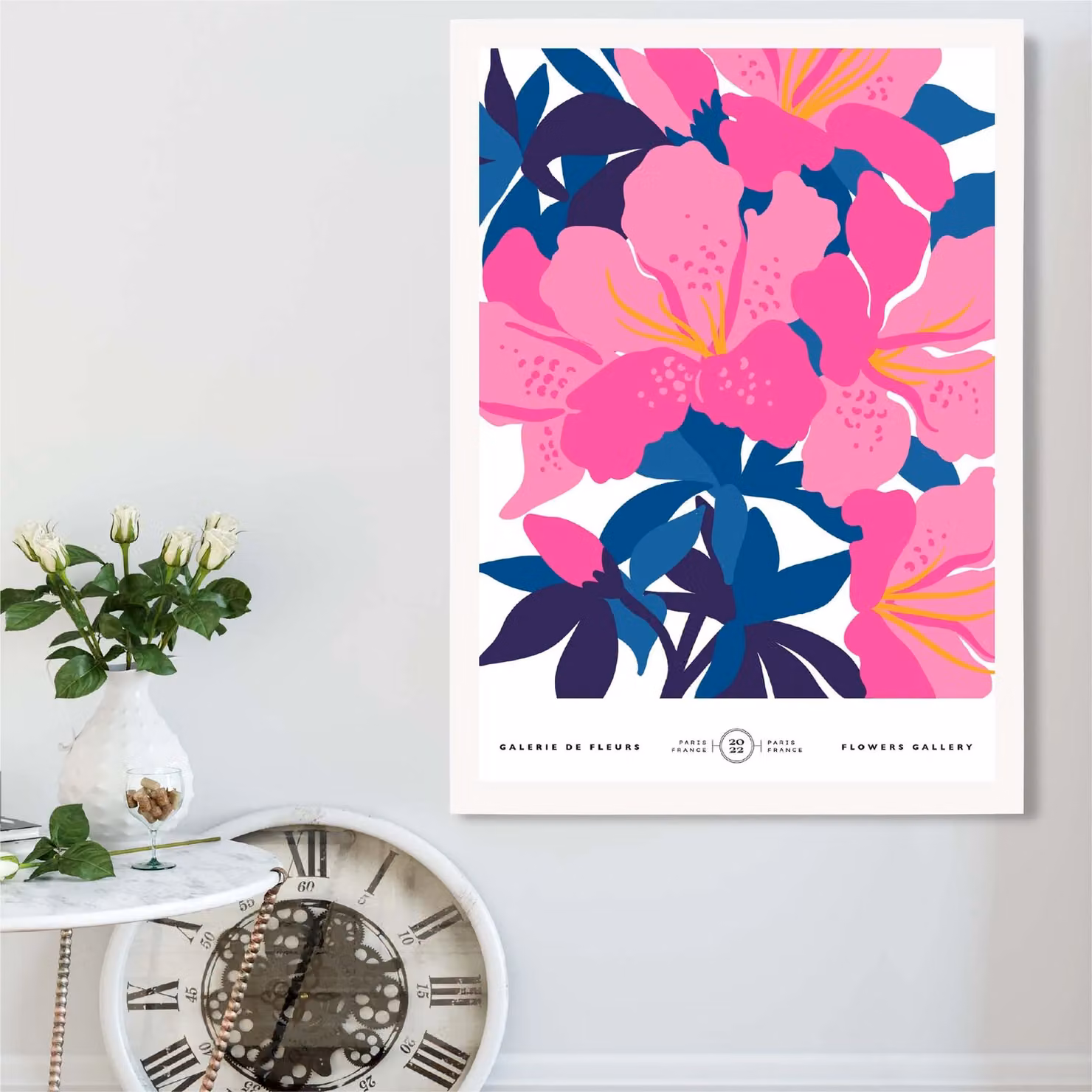 ARTZE Abstract Pink and Blue Orchid Flower Market Gallery Framed Print, Mid Blue with White Frame, A2 – 2