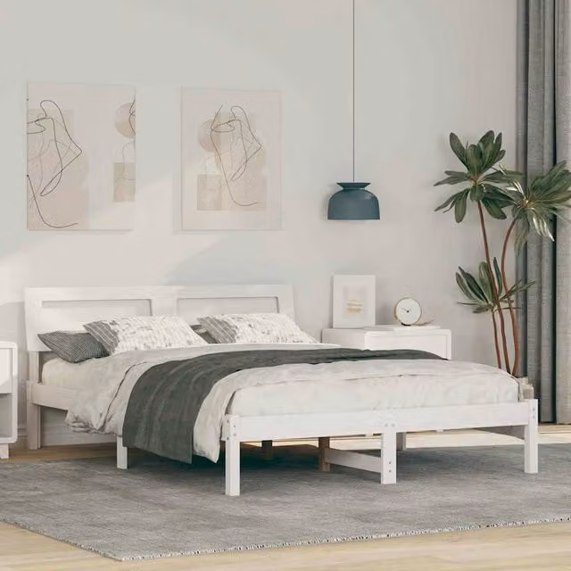 Berkfield Home Modern White Solid Pine Wood Bed Frame with Headboard, W: 135 cm, L: 190 cm