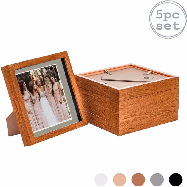 Nicola Spring Pack of 5 3D Box Photo Frames in Dark Wood and Grey, W/D/H: 20.32 x 20.32 x 20.32 cm with 6 x 6 inch Mount