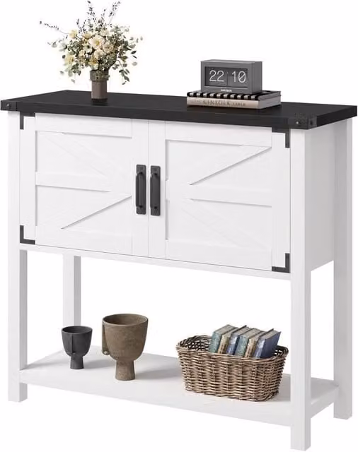 KORVIXA White Modern Farmhouse Console Table with 2 Door Cabinet, W: 100 cm, D: 100 cm, H: 100 cm – 1