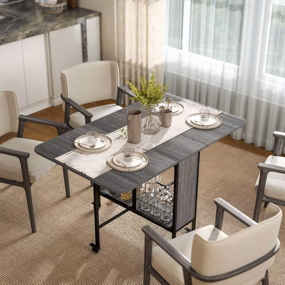 STILVORA Modern Grey Extendable Drop Leaf Dining Table with Castors and Storage Shelf – 2