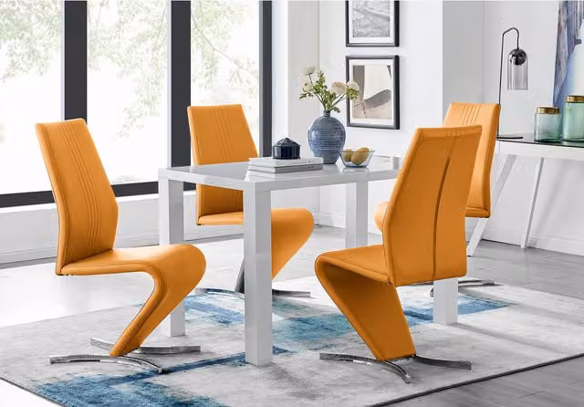 FurnitureboxUK Pivero White High Gloss Rectangular Dining Table and 4 Willow Chairs Set in Mustard Yellow