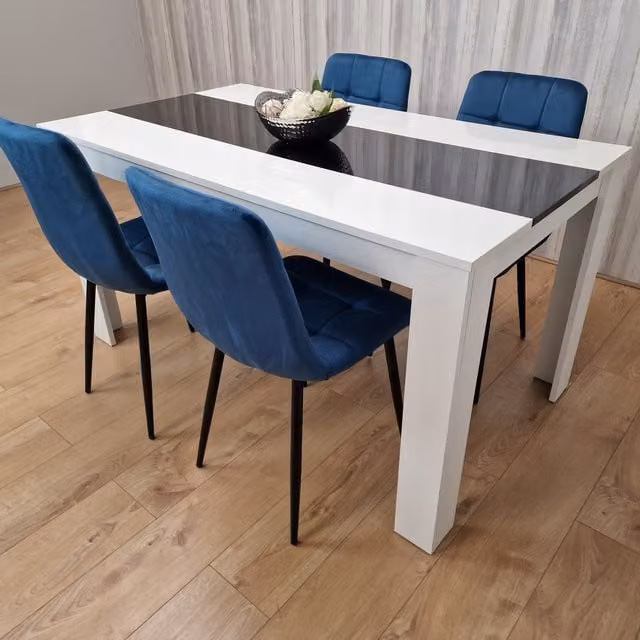 Kosy Koala Modern Rectangular Glass Dining Table with 4 Blue Tufted Velvet Chairs in White and Black