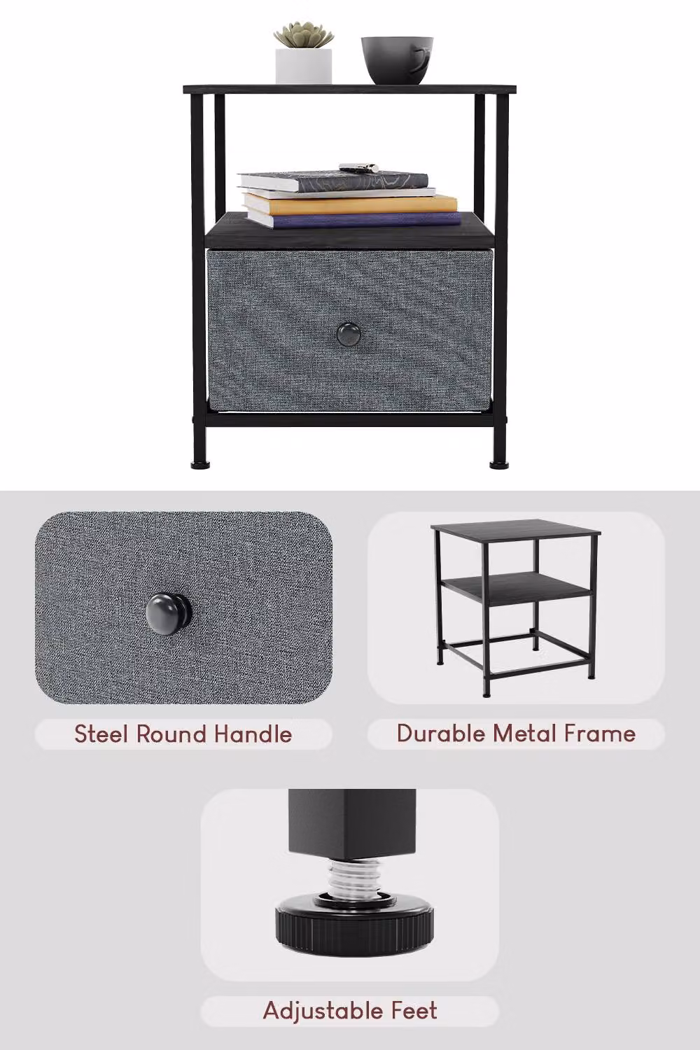 HD Designs Chorley 1 Drawer Bedside Chest in Grey Fabric and Metal – 3