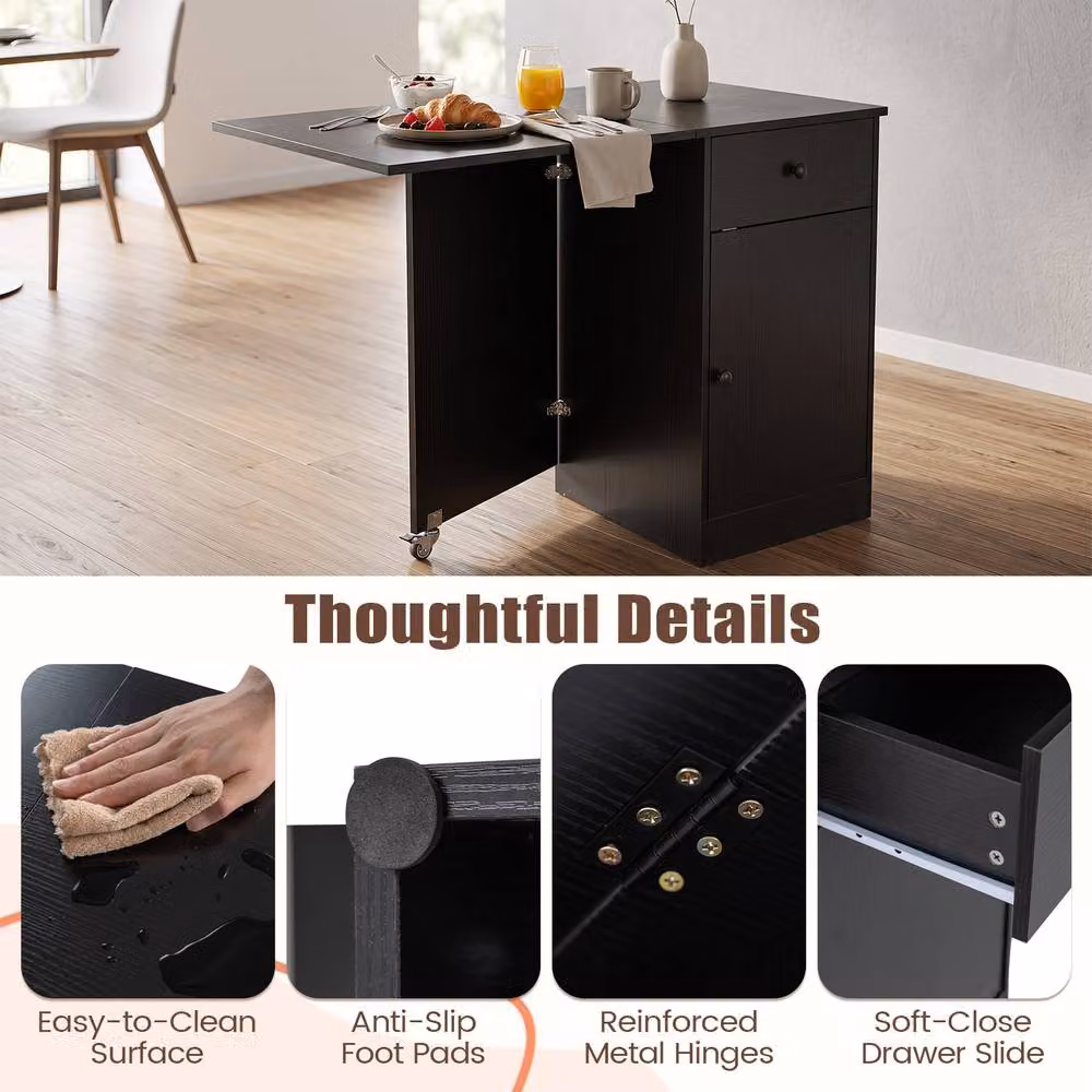 Costway Modern Black Folding Dining Table with Butterfly Drop Leaf and Drawer – 5