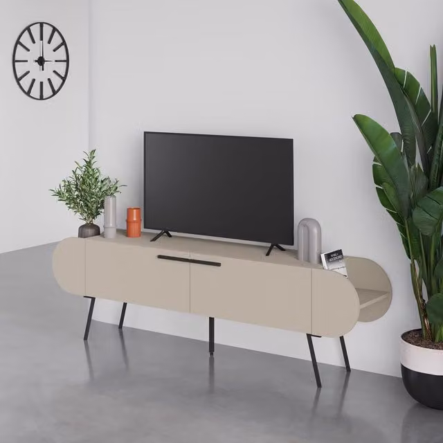 FWStyle Capsule 2 Door TV Stand in Sandstone Beige with Black Metal Legs – 1