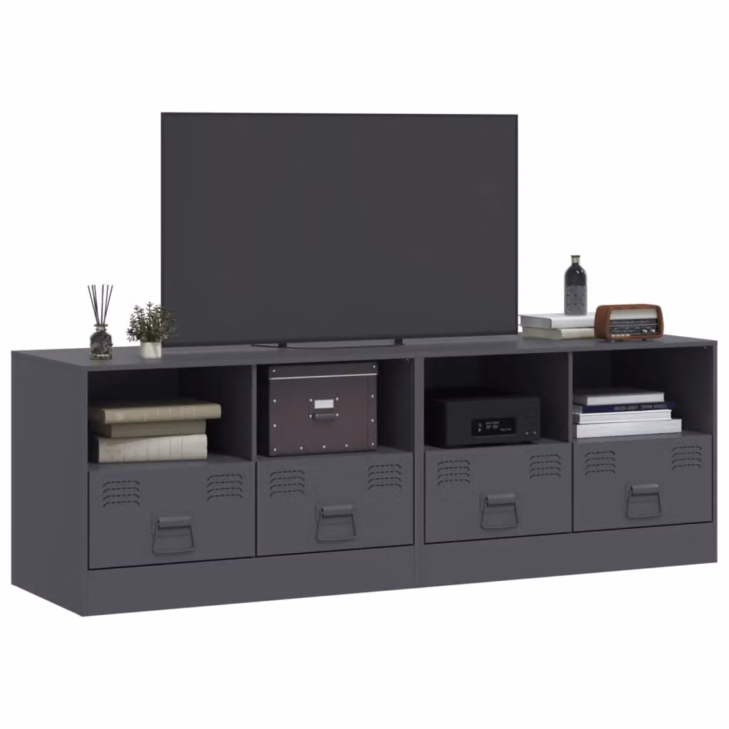 Berkfield Home Set of 2 Anthracite Industrial TV Cabinets with Metal and Rattan Details, W/D/H: 67 x 39 x 44 cm – 3