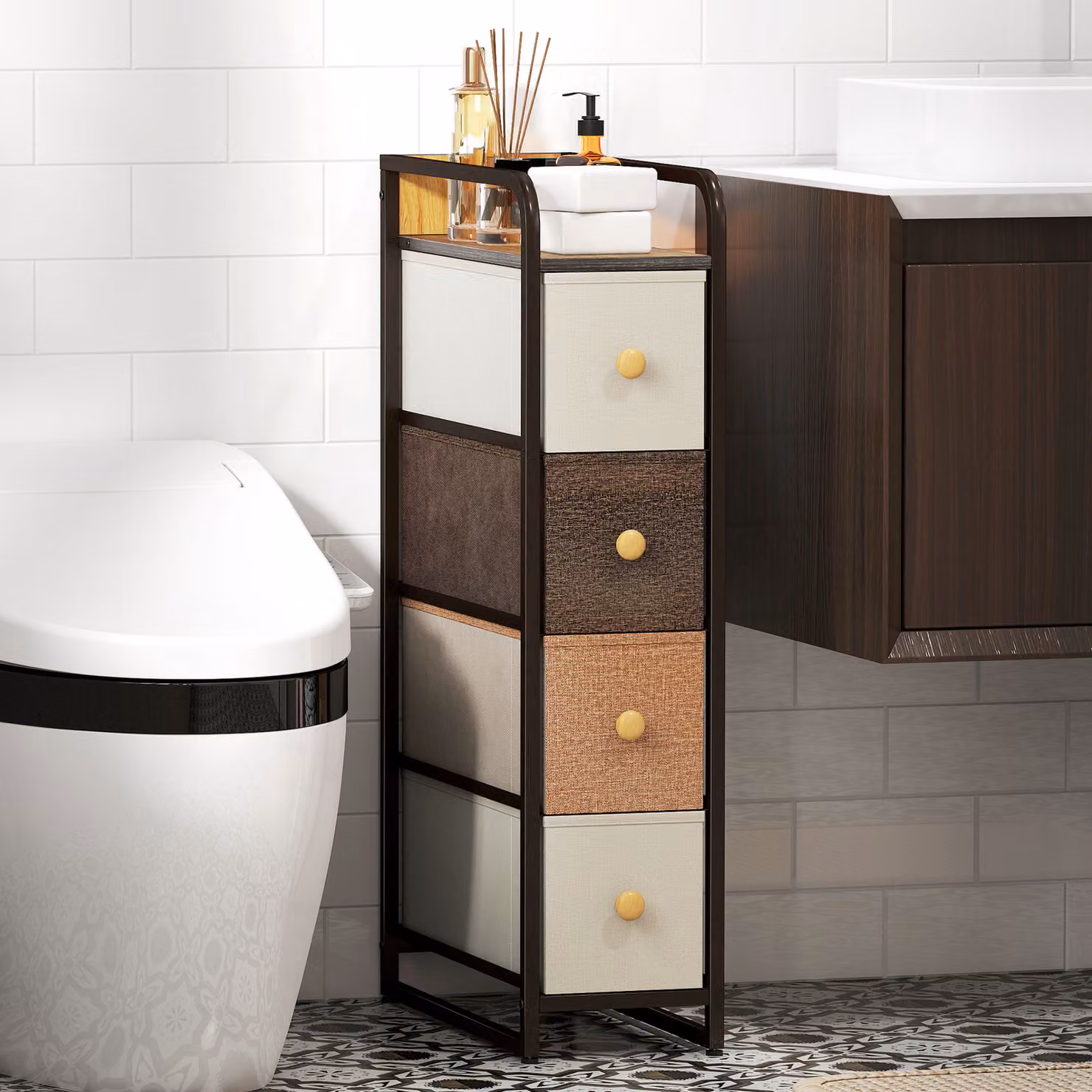 HOMCOM 4-Drawer Storage Organiser Unit with Steel Frame in Mixed-Brown and Multicolour – 8