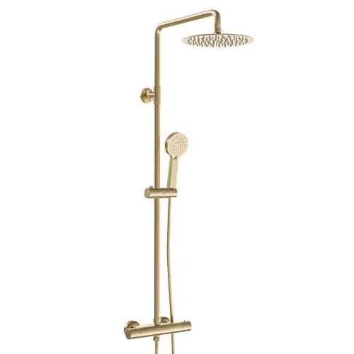 Nes Home Brushed Brass Round Exposed Thermostatic Shower Kit with Overhead Shower and Hand Shower – 3