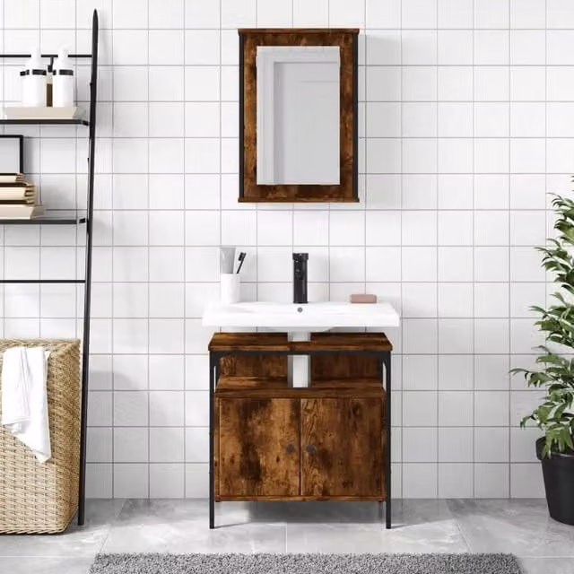 Berkfield Home 2 Piece Industrial Bathroom Furniture Set with Mirror Cabinet and Vanity Unit in Smoked Oak Brown