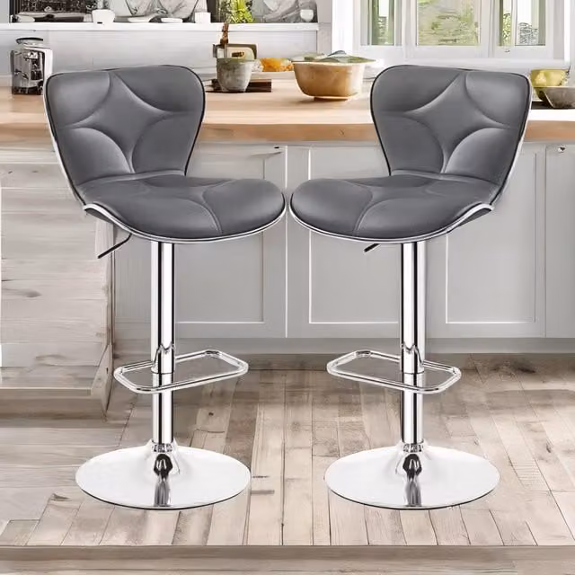 FURNOS Set of 2 Height Adjustable 360 Swivel Barstools with Shell Backrest in Dark Grey Synthetic Leather