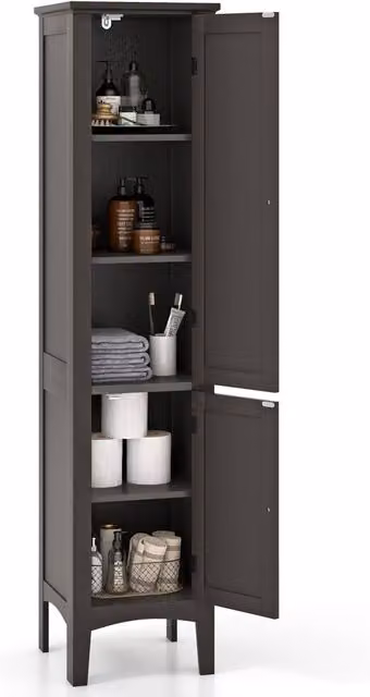 Costway 5-Tier Narrow Wooden Bathroom Storage Cabinet with 2 Shelves and Hinged Doors in Brown