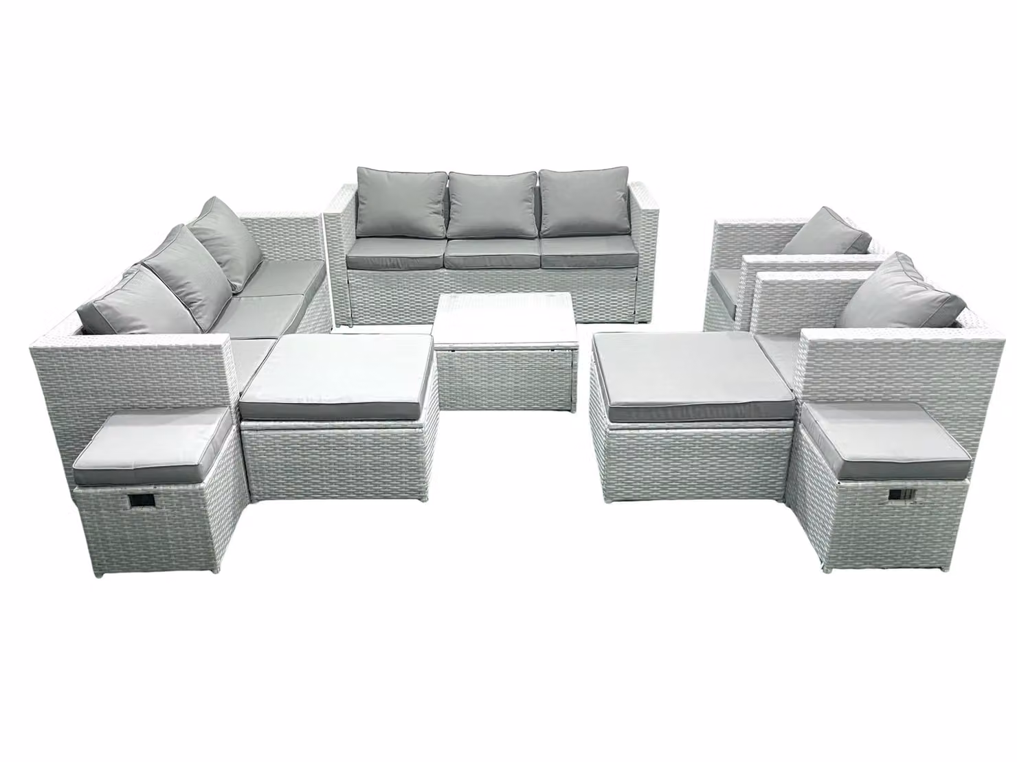 Fimous Garden 12 Seater Rattan Outdoor Furniture Set in Grey with Upholstered Cushions, Coffee Table and Ottomans – 2