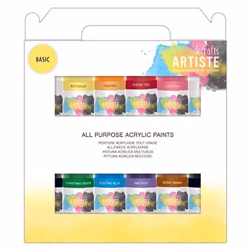 Docrafts Artiste Acrylic Paint Set, 12 x 59ml Multicolour Basic Colours