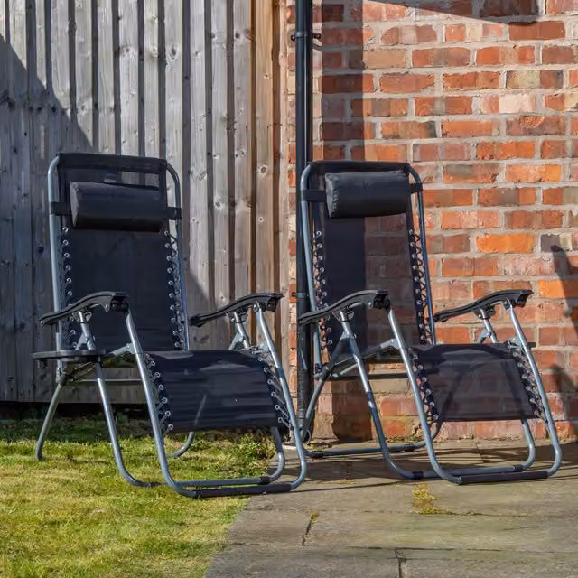 Samuel Alexander Set of 2 Multi Position Zero Gravity Relaxer Sun Loungers in Black and Silver with Textilene Fabric and Cup Holders