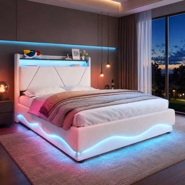 STILVORA Beige Velvet Upholstered King Size Bed with Lift-Up Storage, LED Lighting, USB Charging Port and Integrated Reading Light, W/D/H: 150 x 200 cm – 1