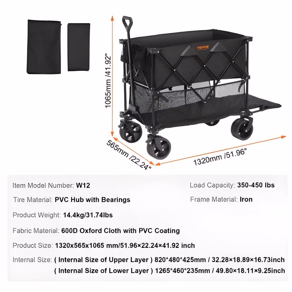 VEVOR Foldable Double Decker All-Terrain Trolley Wagon with Swivel Wheels, 400L Capacity, 450 lbs Load, Black – 7