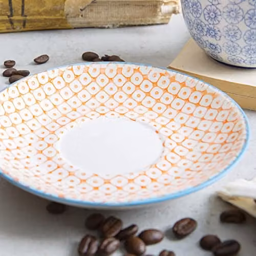 Nicola Spring Hand Printed Floral Stoneware Cappuccino Saucers, Orange, Pack of 6, Diameter: 14.5 cm – 3