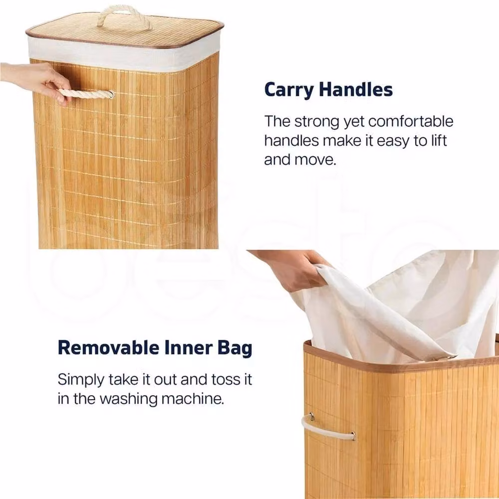 VOGREX Large Foldable Bamboo Laundry Hamper with Lid and Handles in Beige – 2