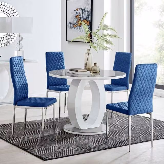 FurnitureboxUK Giovani Round Grey Glass Dining Table and 4 Navy Velvet Milan Chairs