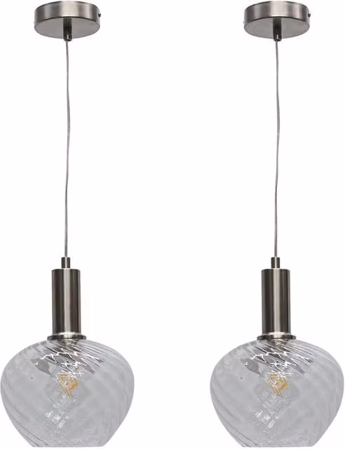 First Choice Lighting Bradson Set of 2 Art Deco Pendant Lights with Clear Swirl Glass and Satin Nickel Finish