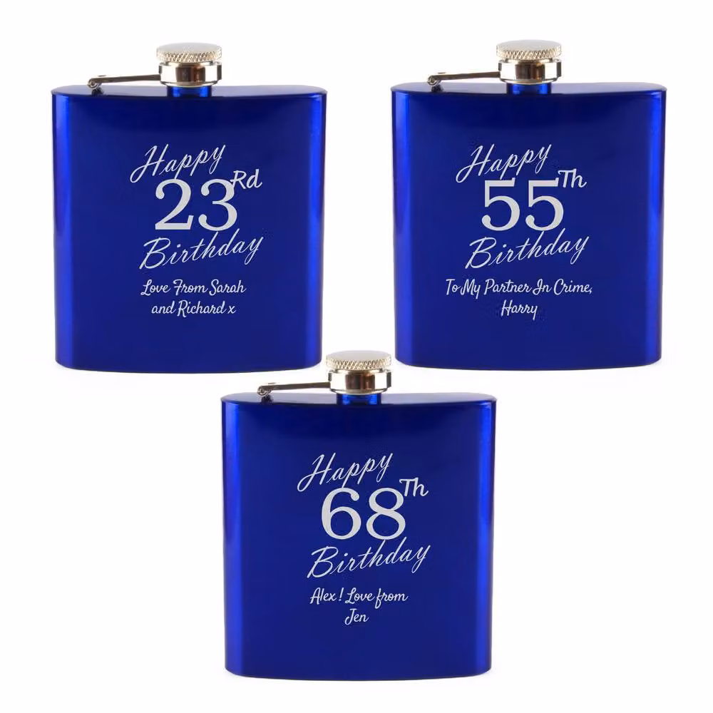 Uniqueful Personalised Blue Stainless Steel Men's Hip Flask, 6oz – 3