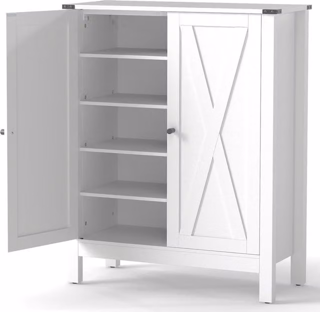 Costway Rustic White 6-Tier Farmhouse Shoe Storage Organiser with Hinged Doors and Internal Shelves