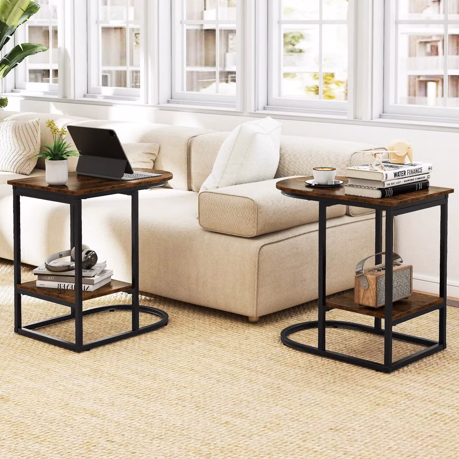 Gymax Modern C-shaped End Table with Storage Shelf in Brown – 7