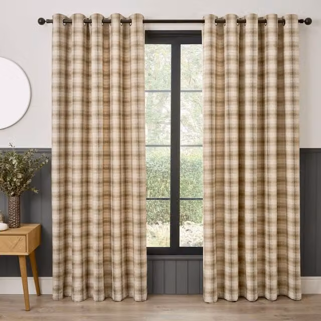 Curtina Everett Jacquard Woven Check Eyelet Curtains in Natural, W: 229 cm, H: 229 cm