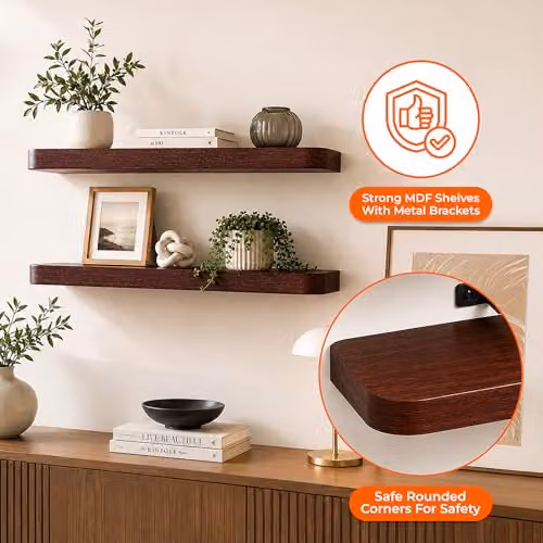 Innoteck Set of 2 Modern Straight Floating Wall Shelves in Walnut – 4