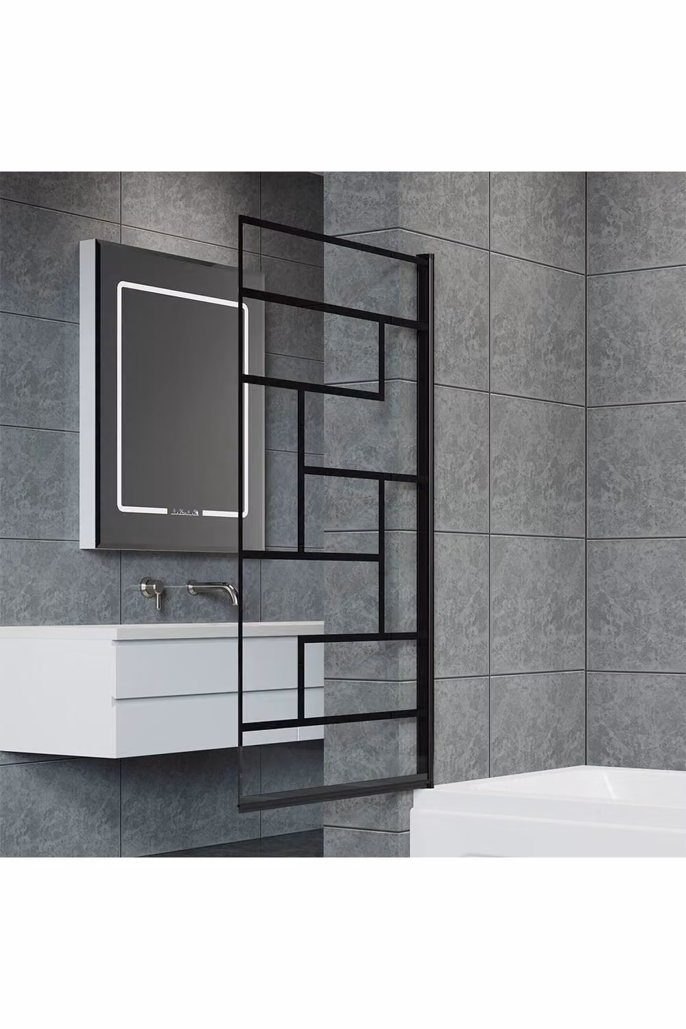 Living and Home 180 Degree Pivot Bath Shower Screen in Black with Clear Glass, W: 80 cm, H: 140 cm – 2