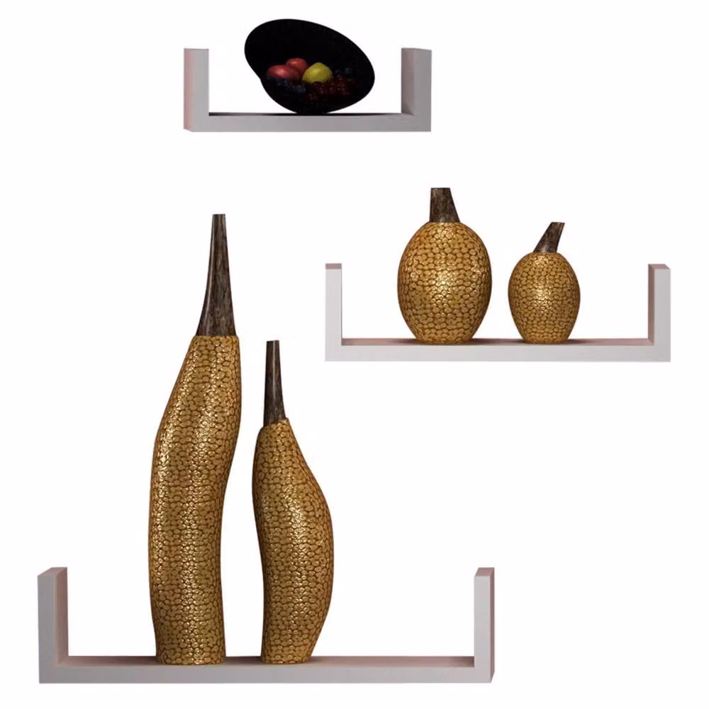 Kelvenix Set of 3 U-Shaped Floating Wooden Wall Mounted Display Shelves in White – 2