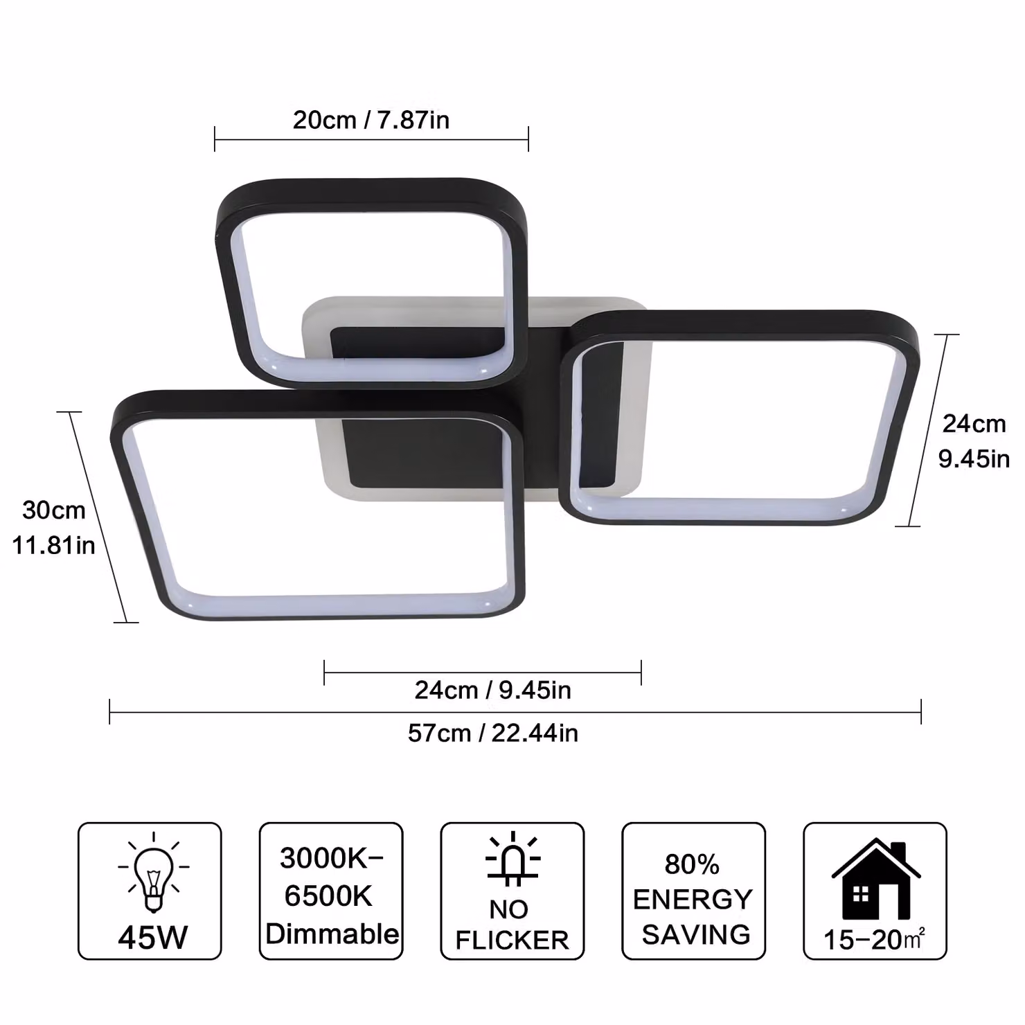 Pheashine Modern Square LED Ceiling Light in Black, 45W Dimmable with Remote Control – 2