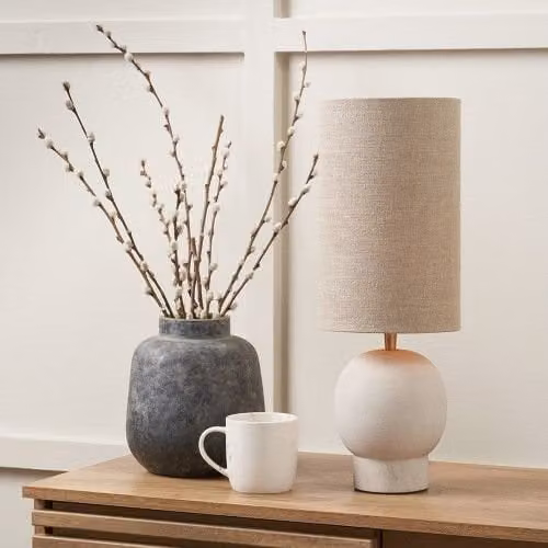 Ruma Sandstone Table Lamp with Tall Hessian Shade in Natural Beige – 1
