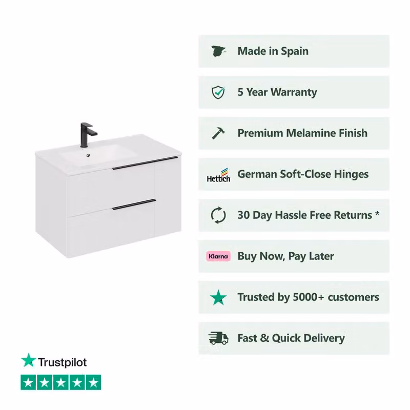 Banyetti Celtic Duo 1000mm Wall Hung Vanity Unit with Door and Basin in Gloss White (W: 100 cm, D: 45 cm, H: 45 cm) – 2