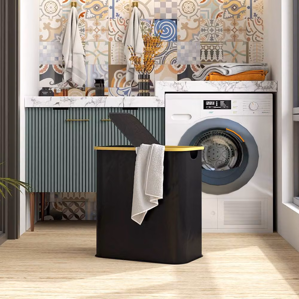 STILVORA 80L Collapsible Laundry Basket with Lid and Handles in Black – 3