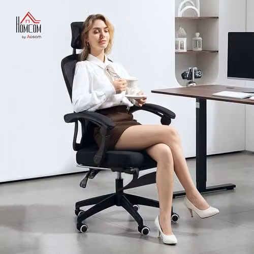 HOMCOM Ergonomic Black Mesh and Fabric Office Chair with Headrest, Armrests and Height Adjustment – 2