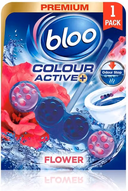 Bloo Colour Active Fresh Flower Fragrance Odour Stop Toilet Rim Block, 50g, Blue