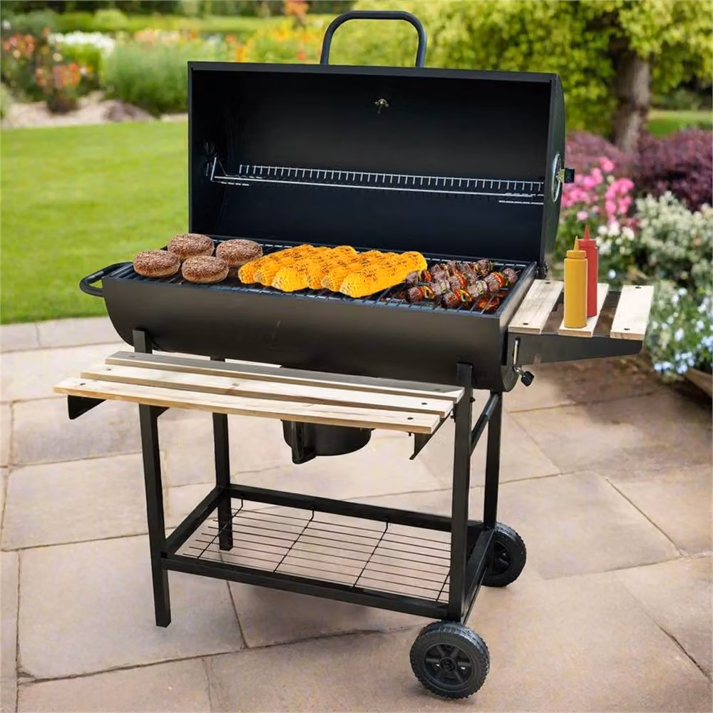 Nordara Charcoal BBQ Grill Smoker in Black with Warming Rack, Thermometer and Wheels, W/D/H: 120 x 90 x 94 cm – 4