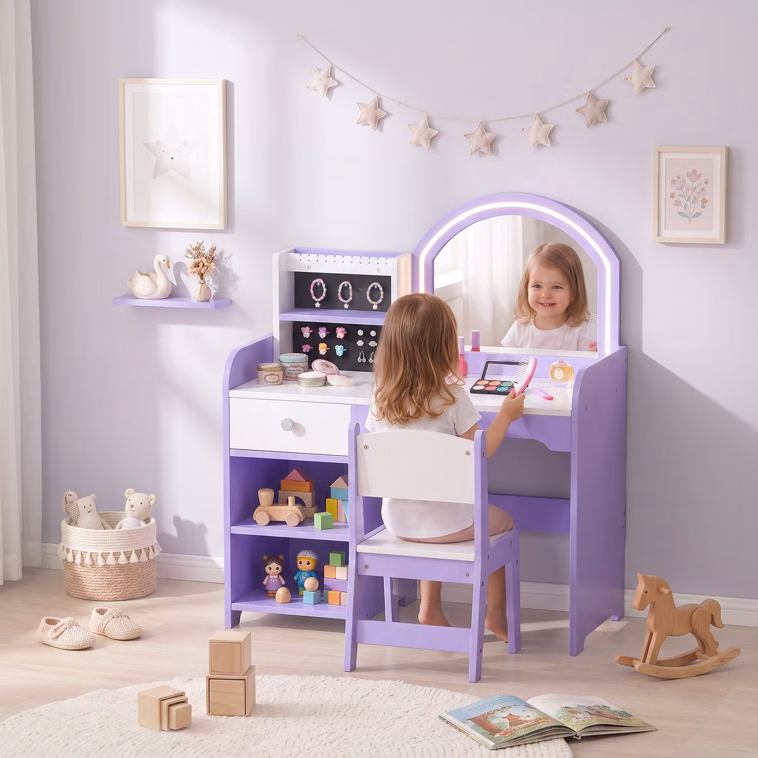 AIYAPLAY Kids Vanity Set with Stool and Hollywood LED Mirror in Purple – 2