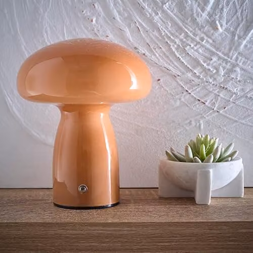 K LIVING Mushroom Shape Glass LED Table Lamp, Rechargeable, Brown