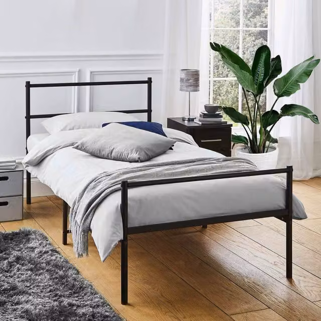House Of Home Extra Strong Minimalist Metal Single Bed Frame in Silver and Black, 90 x 190 cm