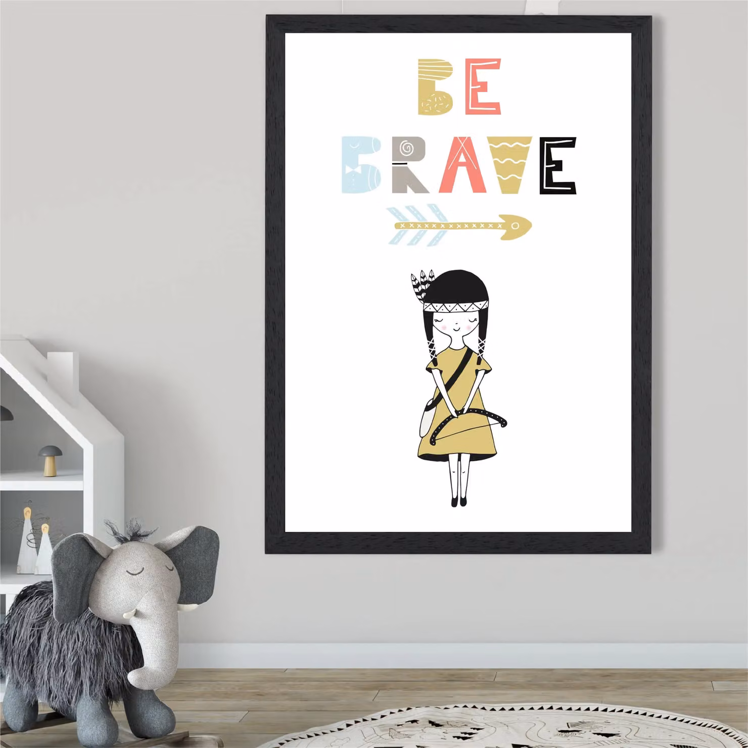 ARTZE Be Brave Little Scandi Quote Framed Print, Pale Blue and Multicolour, Black Frame, A2 – 2