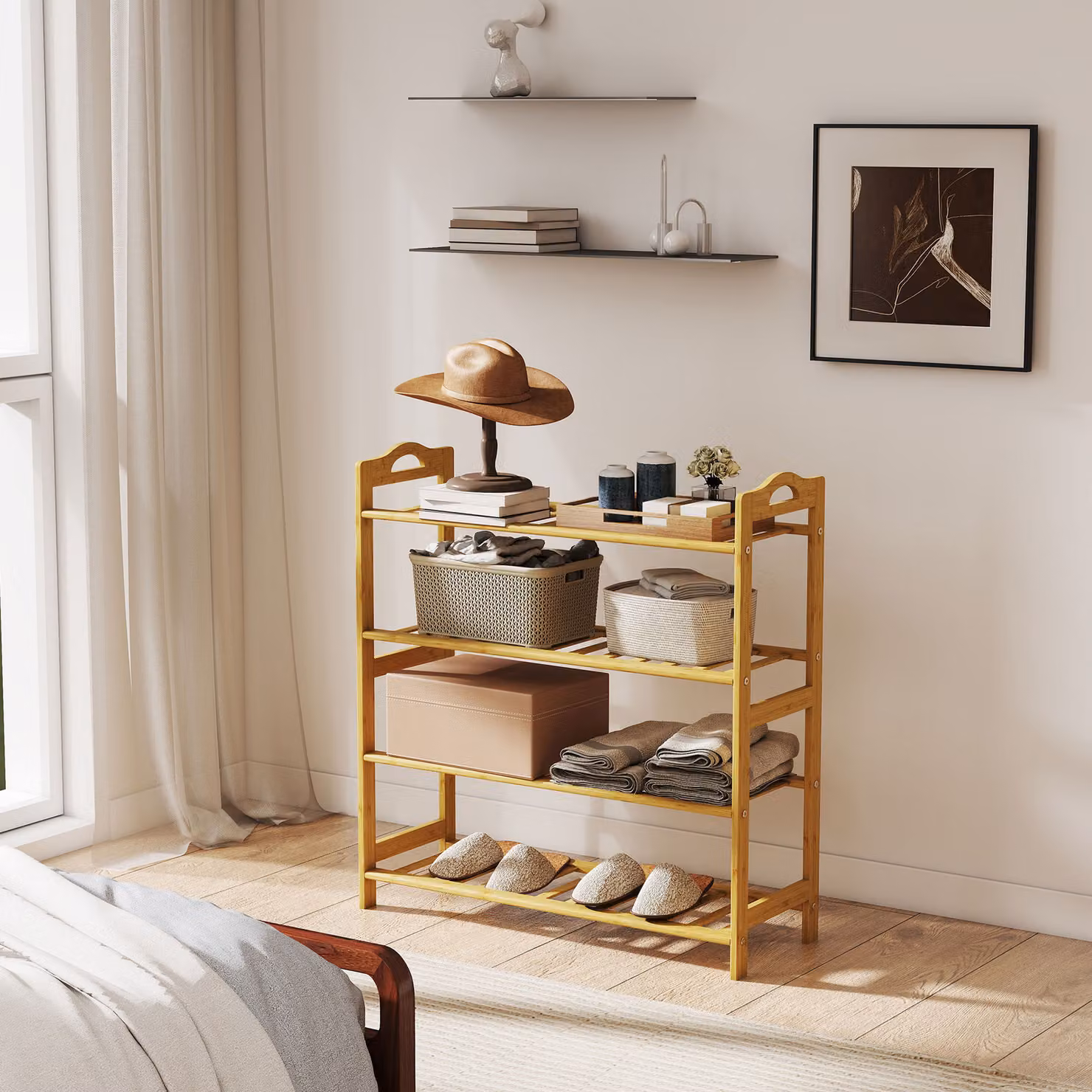 HOMCOM 4-Tier Freestanding Bamboo Shoe Rack in Brown Natural Wood Finish – 3