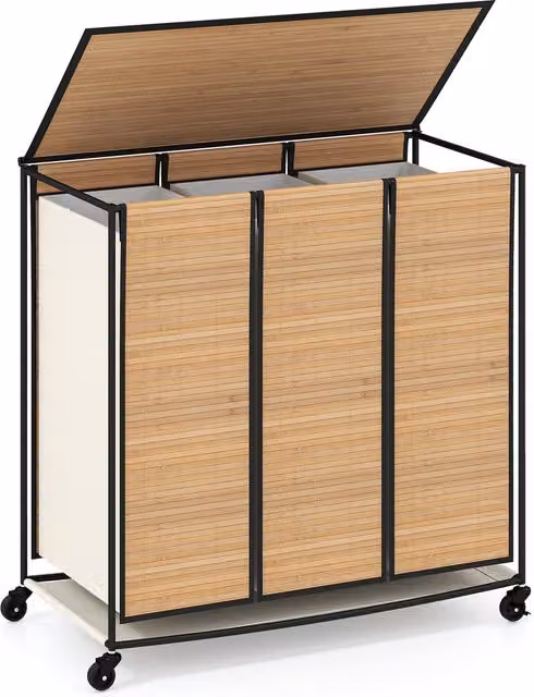 Costway Tall Bamboo Laundry Hamper with Lid and Removable Cotton Bag in Brown, H: 66 cm