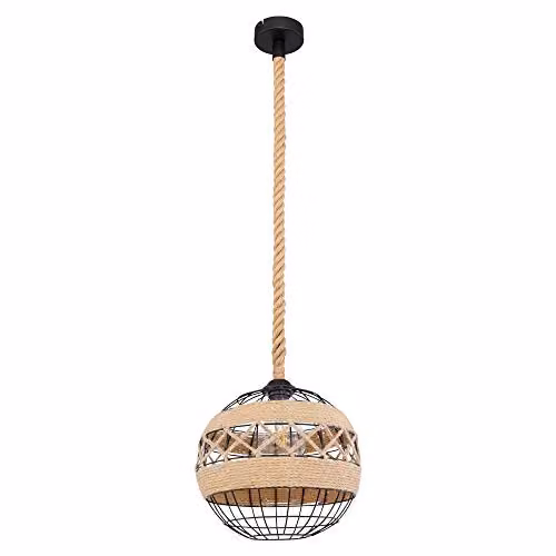 Netlighting Ulleu Industrial Sphere Pendant Ceiling Light in Black or Brown with Hemp Rope and Metal Construction, E27, Diameter: 30 cm