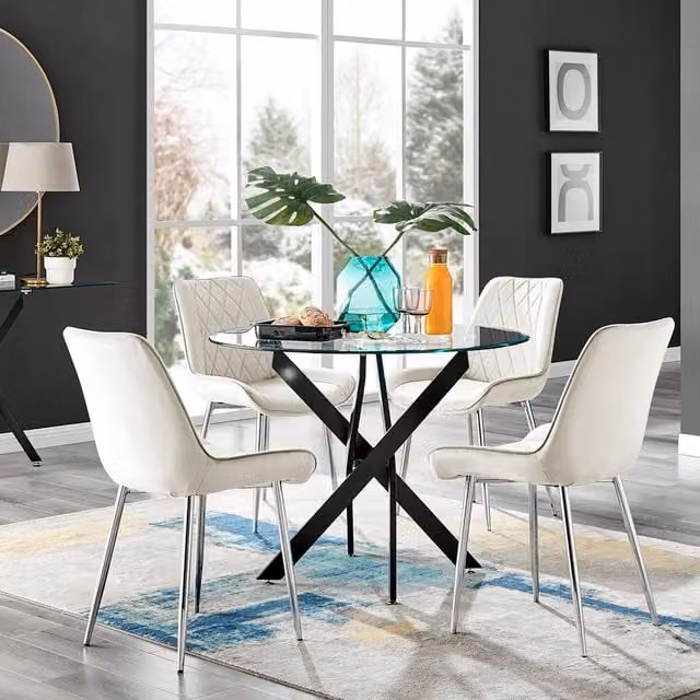 FurnitureboxUK Novara Round Glass Dining Table with 4 Pesaro Silver Chairs in Cream