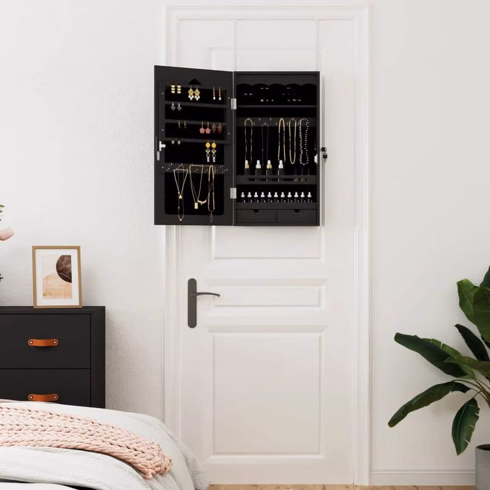 Berkfield Home Wall Mounted Mirror Jewellery Cabinet in Black, W: 37.5 cm, D: 10 cm, H: 67 cm – 3